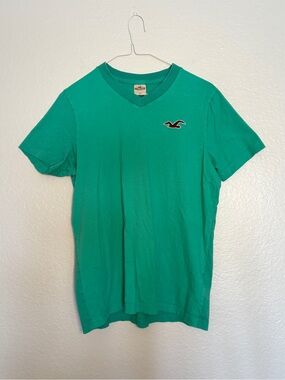 Hollister 100% Cotton Men’s V‑Neck Teal Turquoise Logo T-Shirt Casual Preppy Y2K